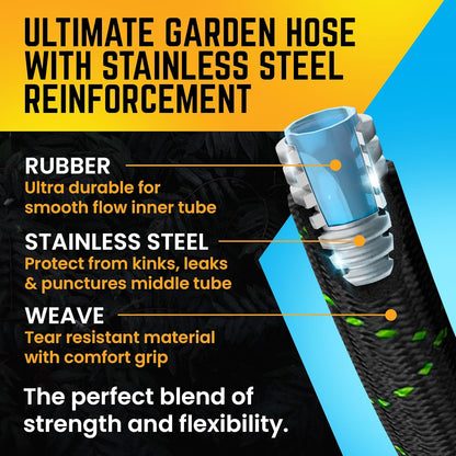 PowerFlow Stainless Steel Garden Hose - 25 Feet Non-Expandable with Durable Fabric Skin & 10-Way Spray Nozzle | Black