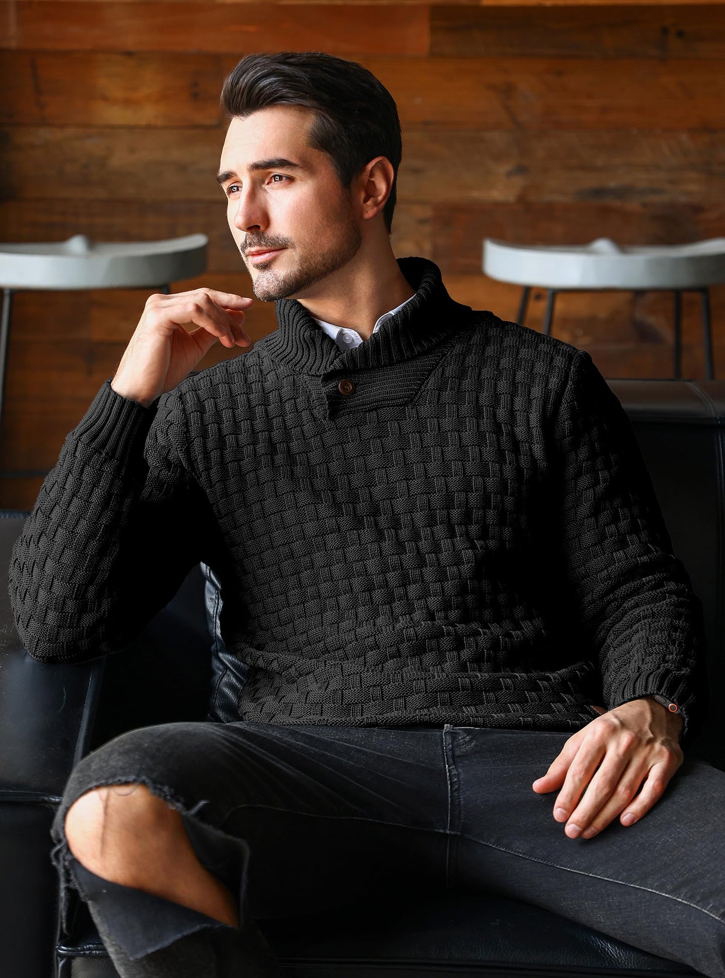 Zaitun Mens Knitted Jumper Sweater Crew Neck Warm Long Sleeve Pullover Textured Ribbed Edge Top S-5XL