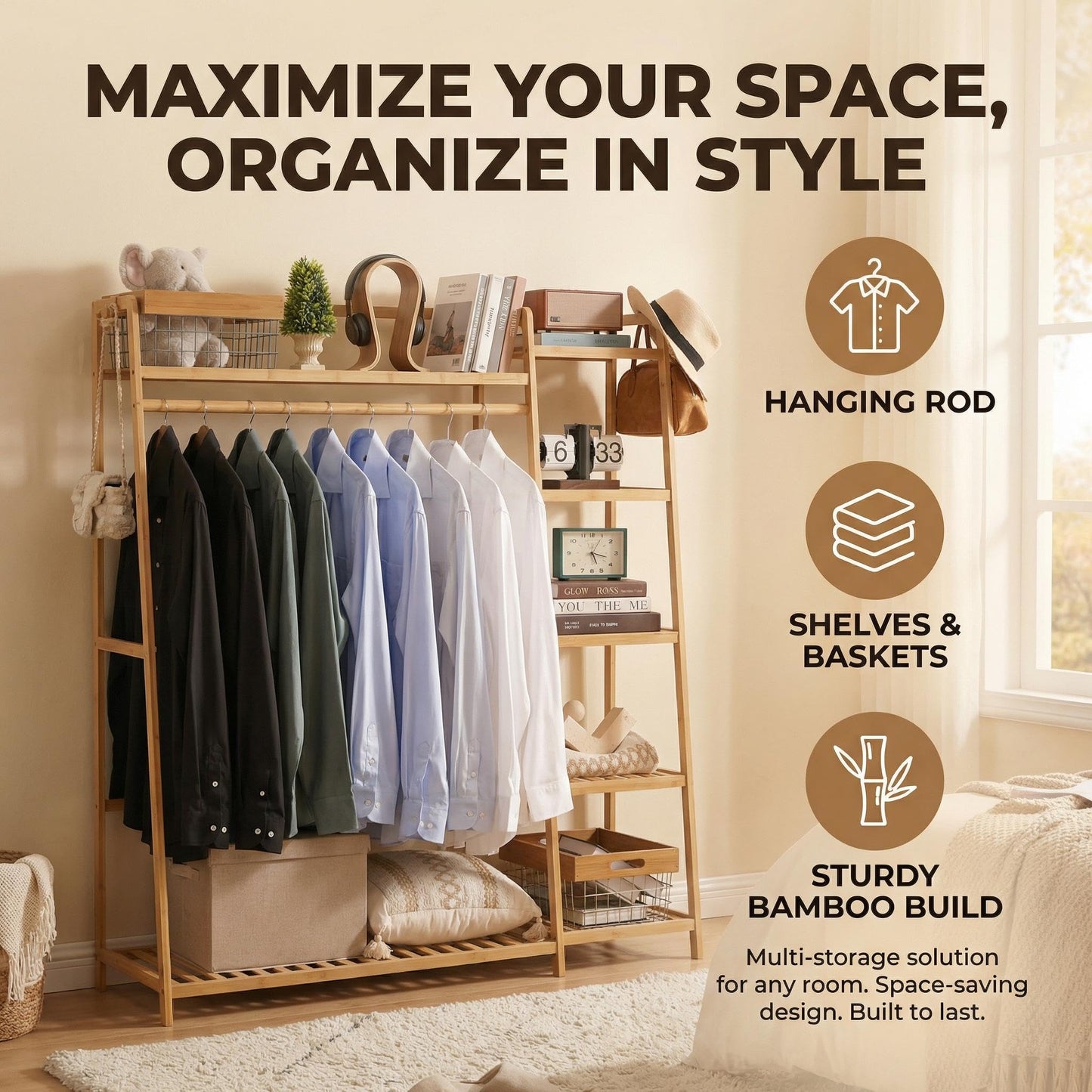 Baveke Bamboo Clothing Garment Rack Frame Made of FSC-Certified Bamboo, 7 Tier Storage Shelf Coat Clothes Hanging Rack, Portable Wardrobe Closet Organizer, Shoe Storage Shelves for Bedroom, Natural