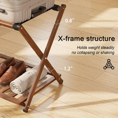 SANLUCE Fully Assembled Luggage Rack Set of 2 for Guest Room, Bamboo Suitcase Stand with Foldable Storage Shelf, Crossed Nylon Straps Folding Luggage Holder for Bedroom and Hotel, Walnut
