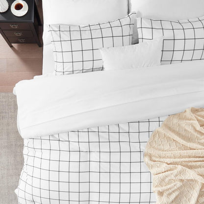 SLEEP ZONE 7 Pcs Comforter and Sheet Set Queen Size, Grey Grid Luxury Fluffy Soft Down Alternative Comforters with Flat Sheet, Fitted Sheets, Pillowcase, White
