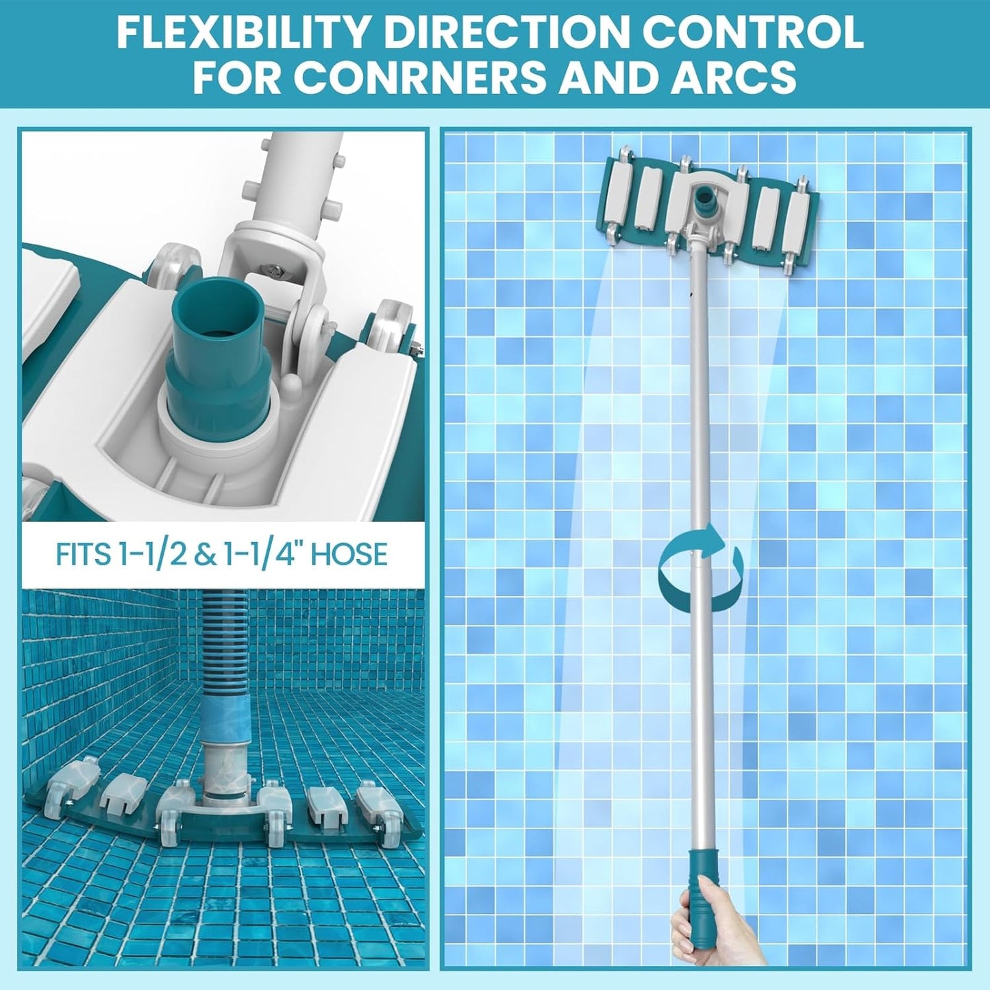 POOLWHALE Swimming Pool Vacuum Hose - 1.5-Inch x 30-Feet with Weighted Handle & Wheels for Easy Use