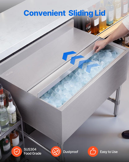 VEVOR Commercial Ice Bin, 134.7 Qt Max Capacity, 36 x 24 x 33 Inch Stainless Steel Ice Chest with Sliding Lid, 24H Long-Lasting Insulation, Cooler Cart Cocktail Unit for Bar Restaurant Pub, NSF