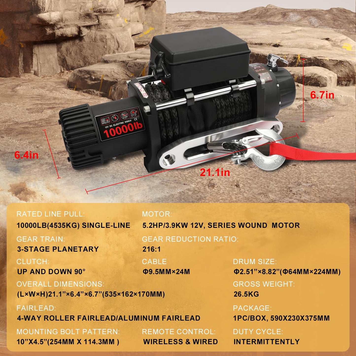 WildGear 10000LB Electric Winch 12V Series Wound Motor Synthetic Rope Wired & Wireless Remote Control Waterproof Trailer Winch for Jeep Off Road SUV Truck Boat
