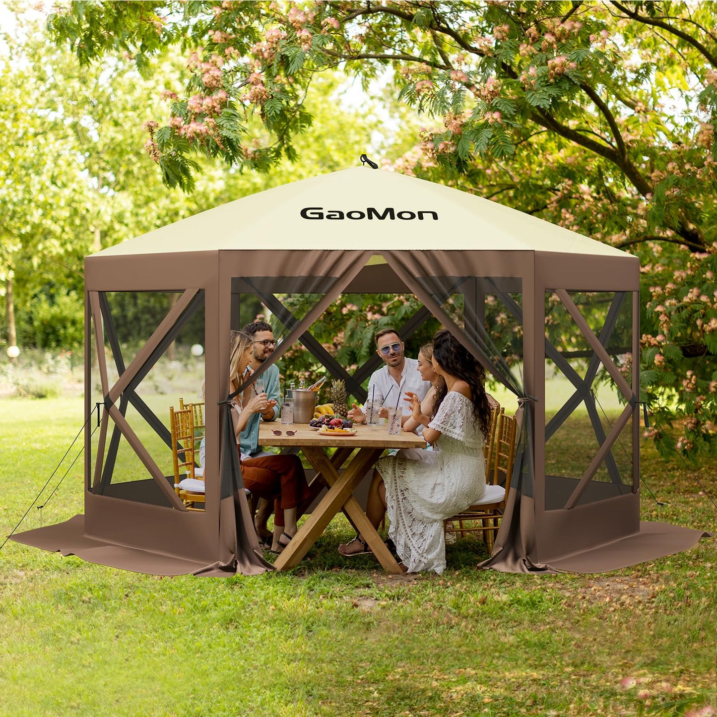 GAOMON 12x12ft Camping Gazebo, Portable Pop Up Canopy Screen Tent 6 Sided with Mesh Windows and Carry Bag for Camping, Outdoor, Picnic, Backyard Party Outside Activities, Gray