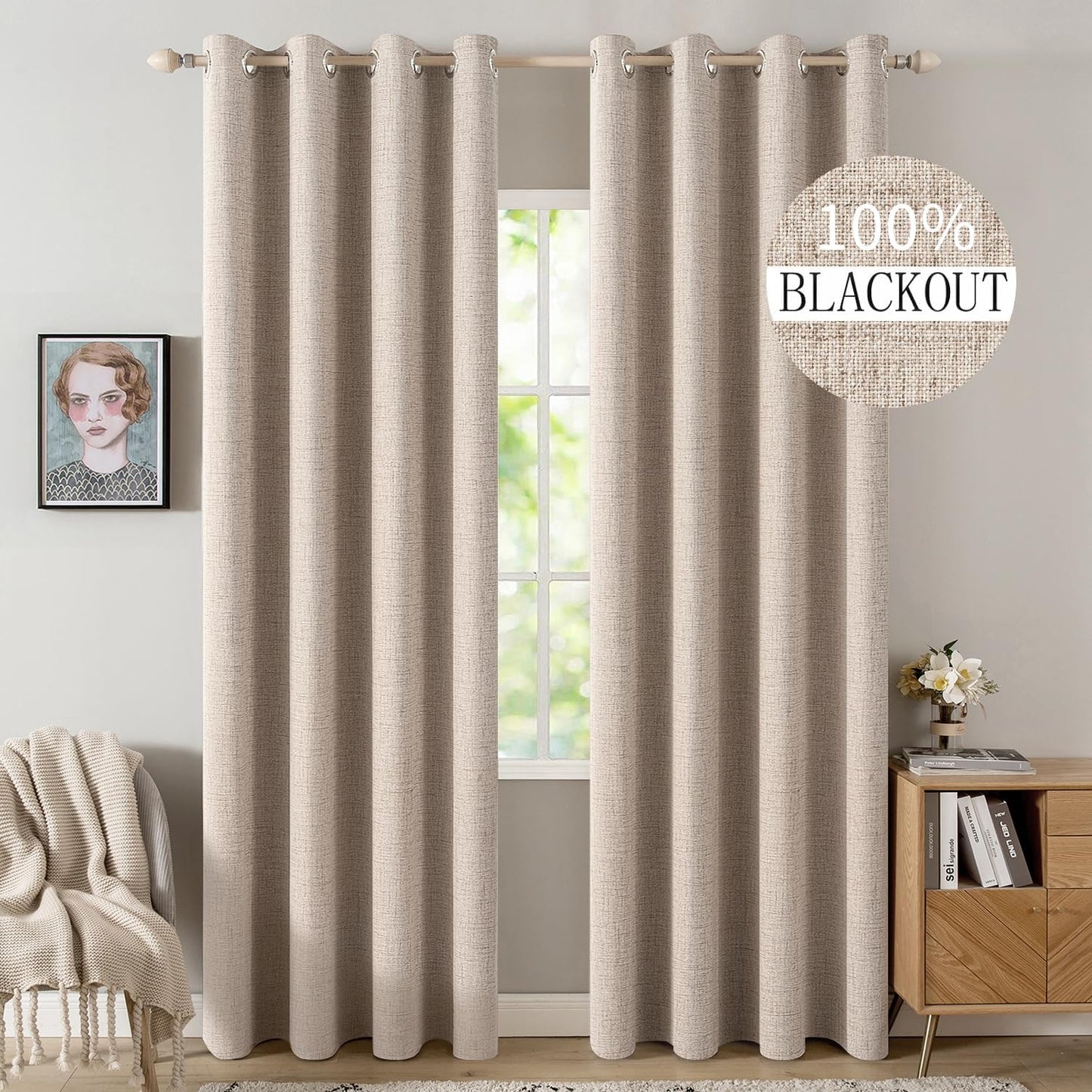 MIULEE 100% Blackout Linen Textured Curtains - Extra Long 100 Inches, Thermal Insulated, Natural Beige (2 Panels)