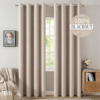 MIULEE 100% Blackout Linen Textured Curtains - Extra Long 100 Inches, Thermal Insulated, Natural Beige (2 Panels)
