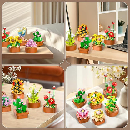 12 Pack Flowers Succulents Mini Building Set - 1403PCS Flower Botanical Collection for Home Office Décor 3.6MM Plant Blocks Toy Easter Birthday Gifts for Adults Women Kids Girls10+