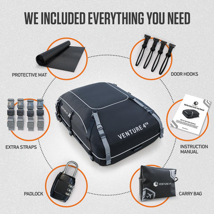 VENTURE 4TH Rooftop Cargo Carrier - 21 Cubic Feet Waterproof Car Roof Cargo Bag with Tie-Down & Compression Straps, Fits Most Vehicles with or Without Roof Racks, Sidebars & Crossbars