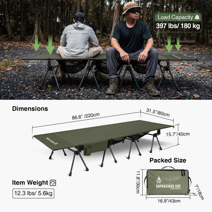 ONETIGRIS SUPRATIROS Extra Large Camping Cot, Height Adjustable Oversized Sleeping Cot with Extending Legs for Camping, Car Trips, Truck, Beach, Office Nap, Sturdy Supports Up to 400lbs (Ranger Green)