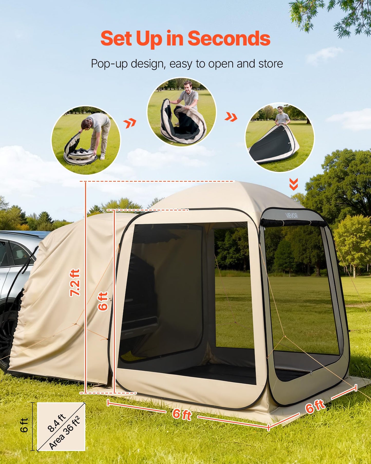 VEVOR SUV Tailgate Tent, 6 x 6 ft Pop-Up Screen House Canopy for 4–6 Person, Portable Screened Shelter with Carry Bag, for Car Camping, Backyard, Patio, Outdoor Activities