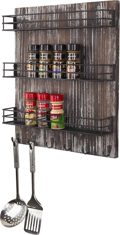 MyGift 3 Tier Black Metal Wire Kitchen Spice Rack Organizer with Torched Wood Wall Mount and 6 Hooks, Seasoning Jars and Hanging Cooking Utensil Rack