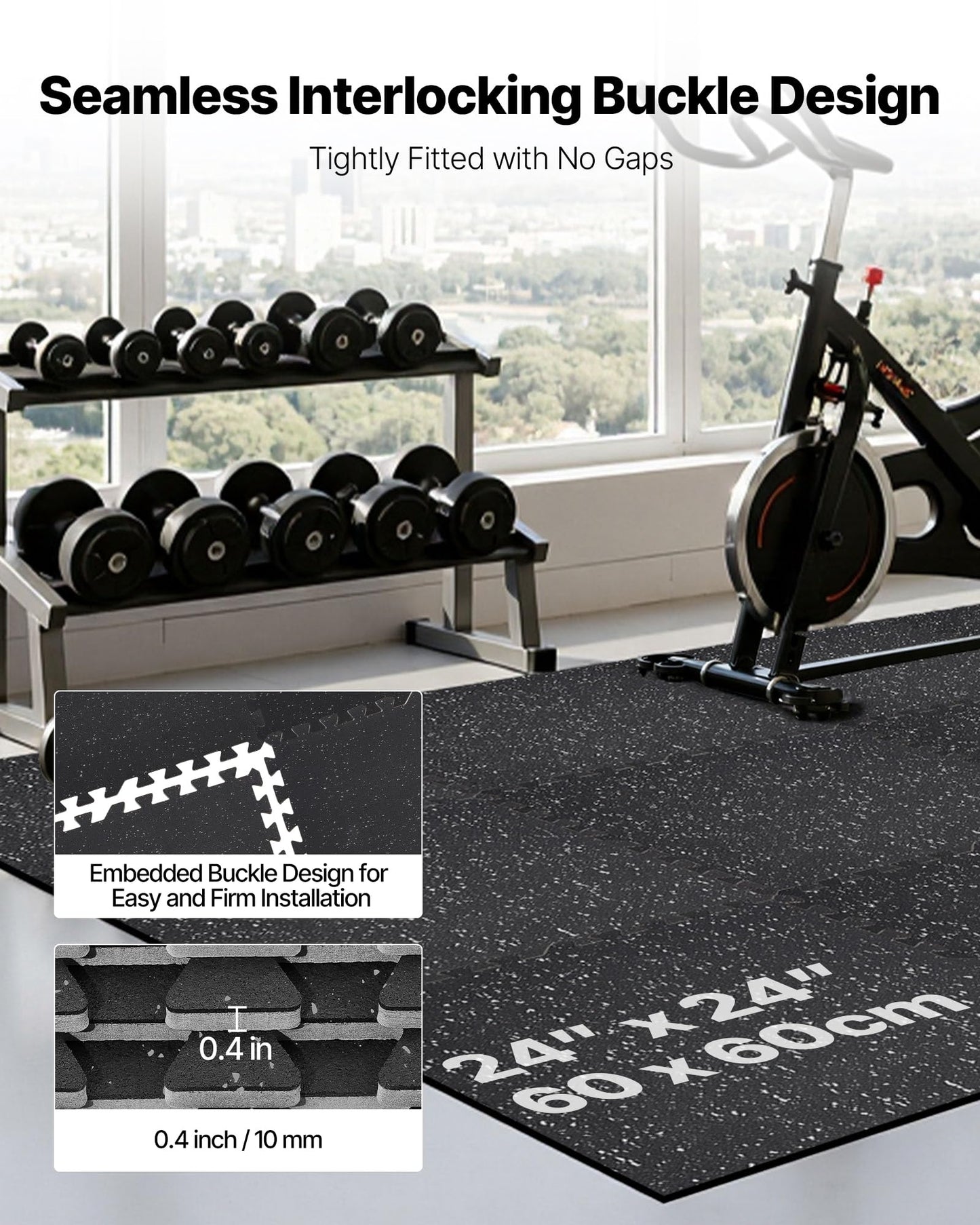 VEVOR 0.4Inch 96sq.ft 24 Tiles Gym Flooring for Home Gym, Rubber Top with High Density EVA Foam, 24 x 24In Gym Floor Exercise Equipment Mats, Interlocking Gym Mats, Puzzle Workout Mats, Black & Gray