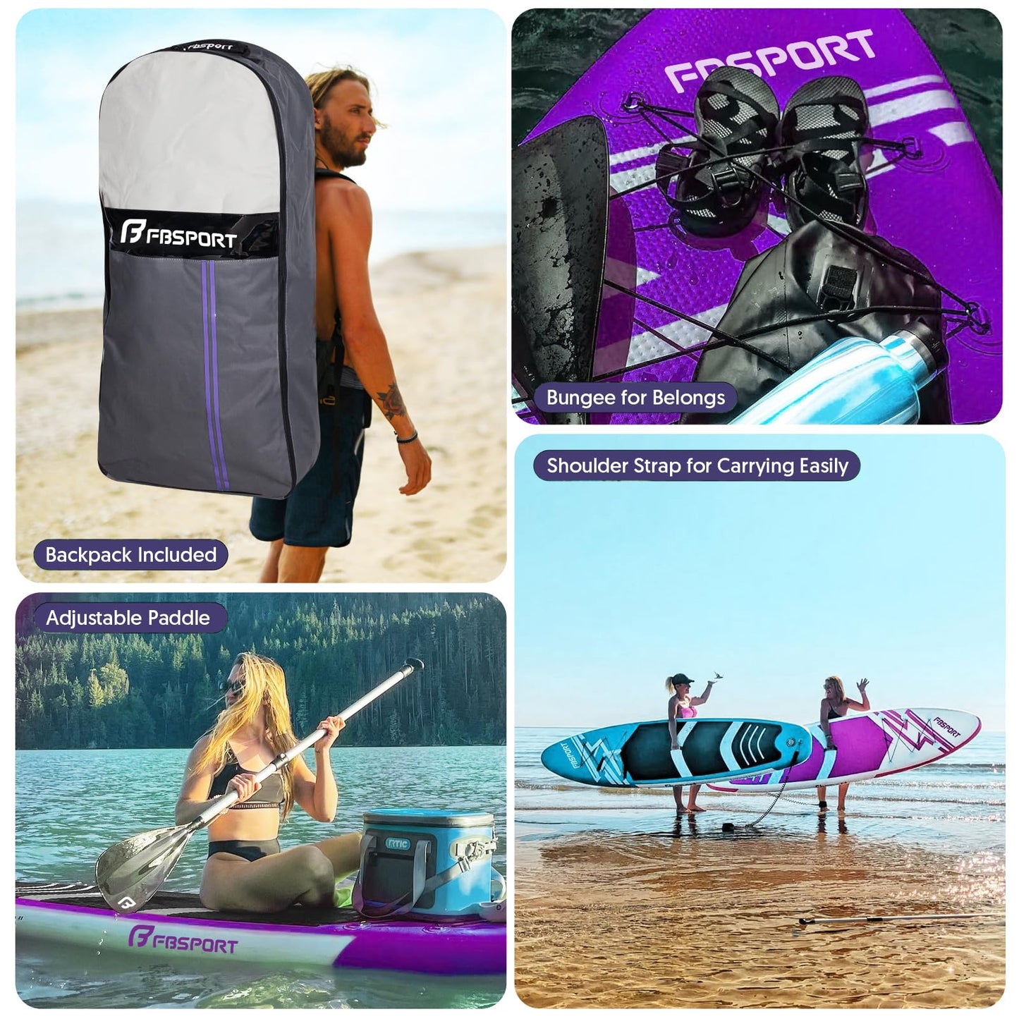 FBSPORT 11' Premium Stand Up Paddle Board, Yoga Board with SUP Accessories & Carry Bag | Wide Stance, Surf Control, Non-Slip Deck, Leash, Paddle and Pump for Youth & Adult (Purple)