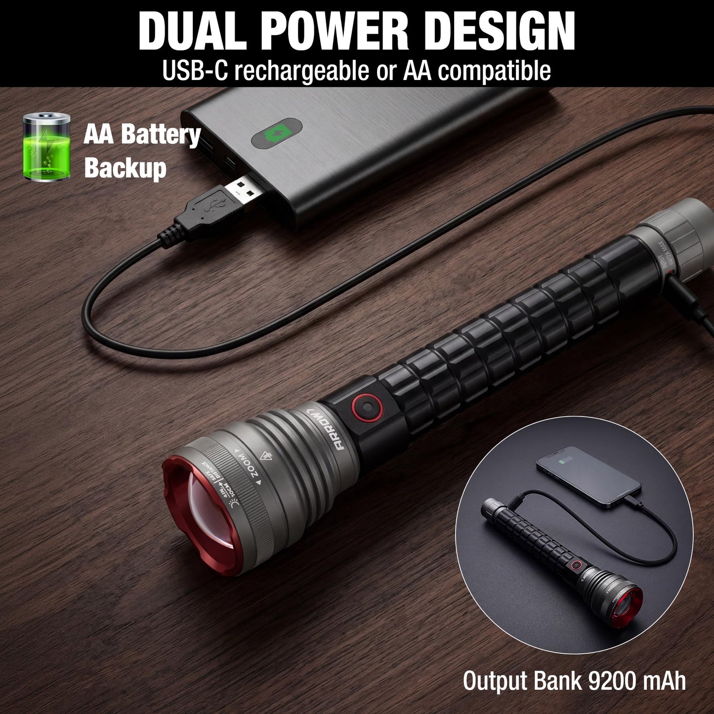 Arrow Rechargeable Flashlights 12000 Lumens, 6 Modes Bright LED Flashlight with Memory Function, IPX7 Waterproof, Zoomable Flash Light with Dual Power Design, USB-C Input Output for Outdoor Emergency