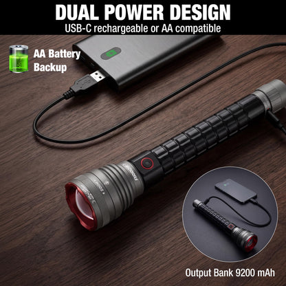 Arrow Rechargeable Flashlights 12000 Lumens, 6 Modes Bright LED Flashlight with Memory Function, IPX7 Waterproof, Zoomable Flash Light with Dual Power Design, USB-C Input Output for Outdoor Emergency