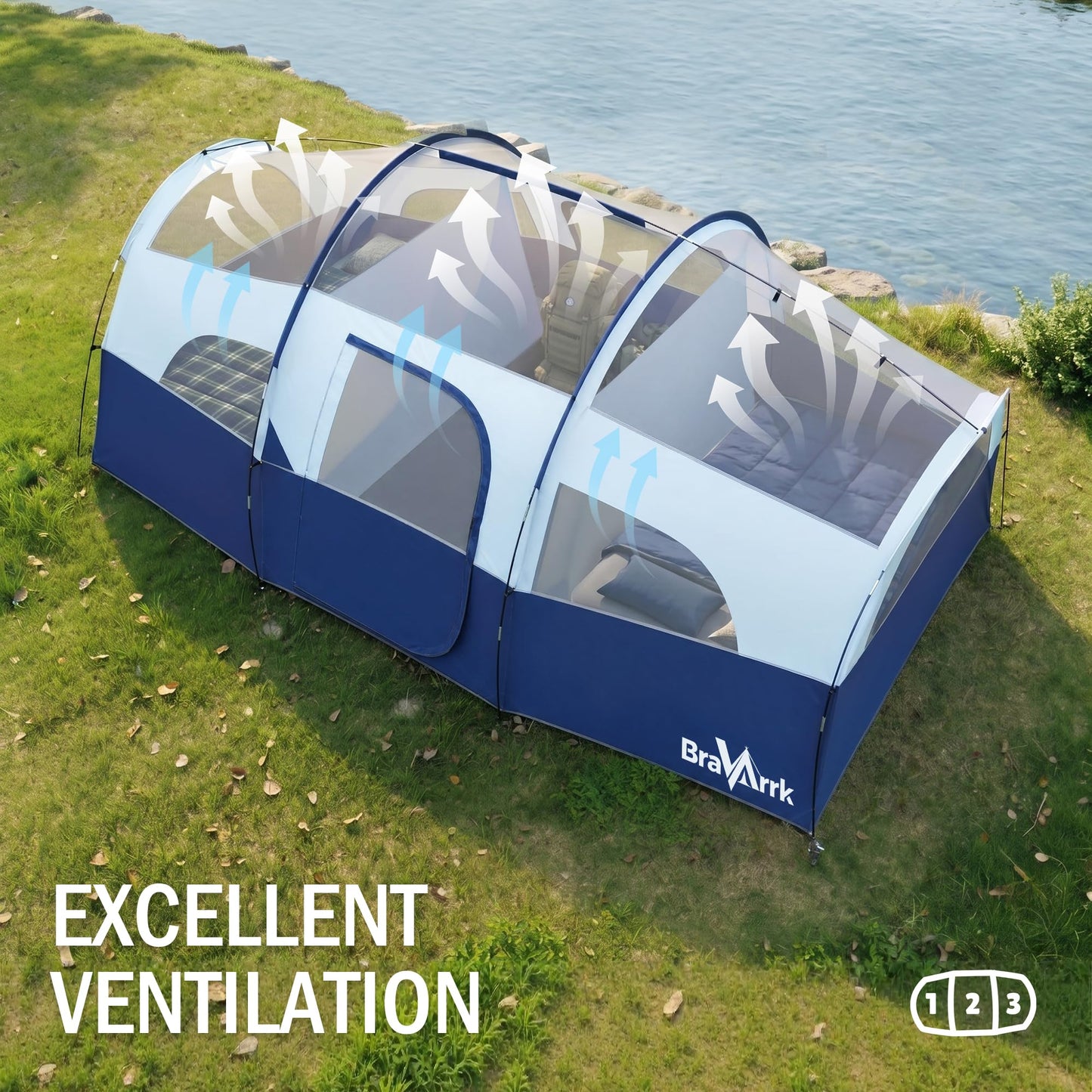 BravArrk Camping Tent for 8 Person, PU3000MM Waterproof Family Tent with Rainfly, Large Roomy 3 Room Camping Tents with Divided Curtain, Portable Outdoor Tent for Families Car Camping, 14x9x6 ft