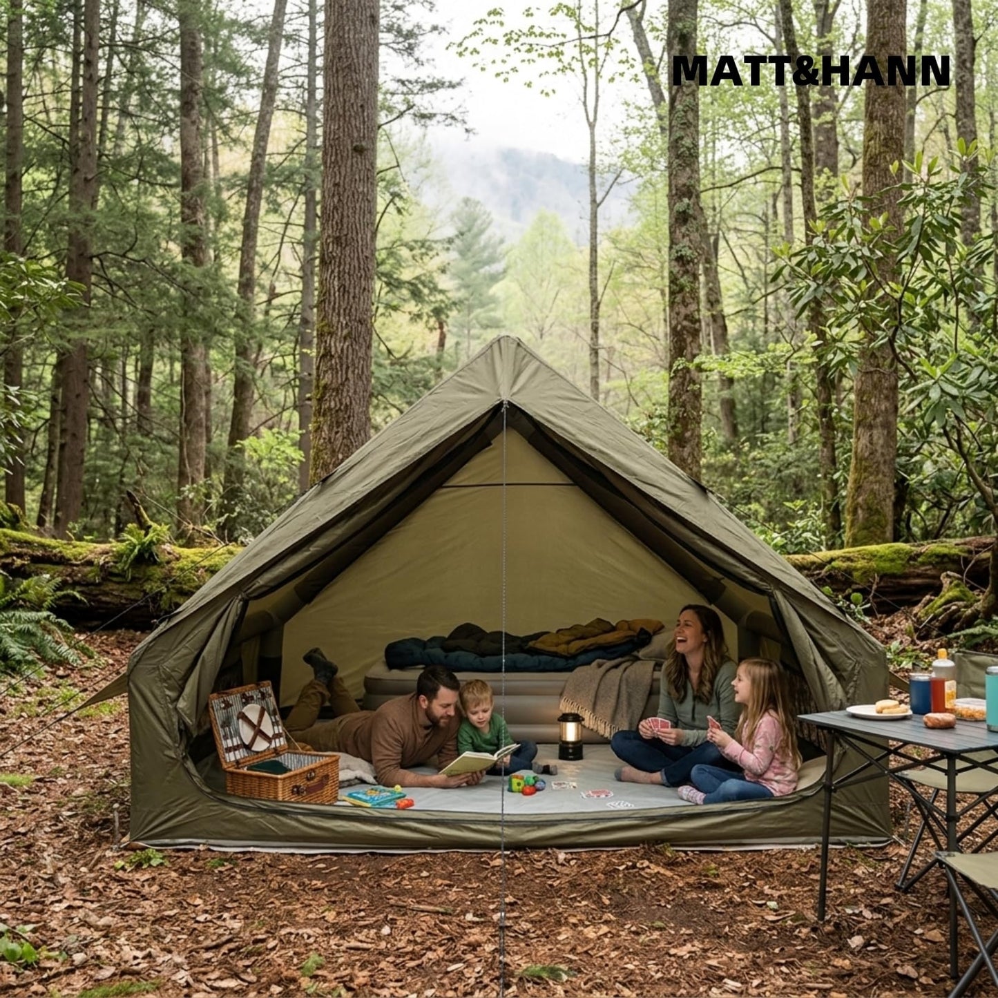 Quick Setup Inflatable Tent with Skylight for 4-6 Person, Waterproof Oxford Air Glamping Tents Breathable Mosquito-Proof Screens (Green 6.3㎡ Inflatable Tent (with Chimney Port), Green)