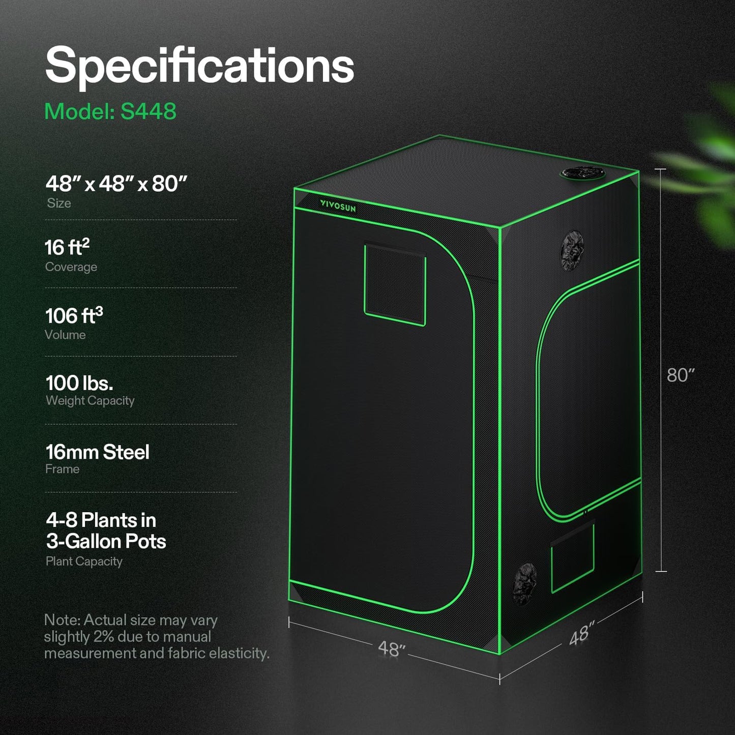 VIVOSUN S448 4x4 Grow Tent, 48"x48"x80" High Reflective Mylar Grow Tents with Observation Window and Floor Tray for Indoor Plant Growing Tents for Lumalight/Aerolight