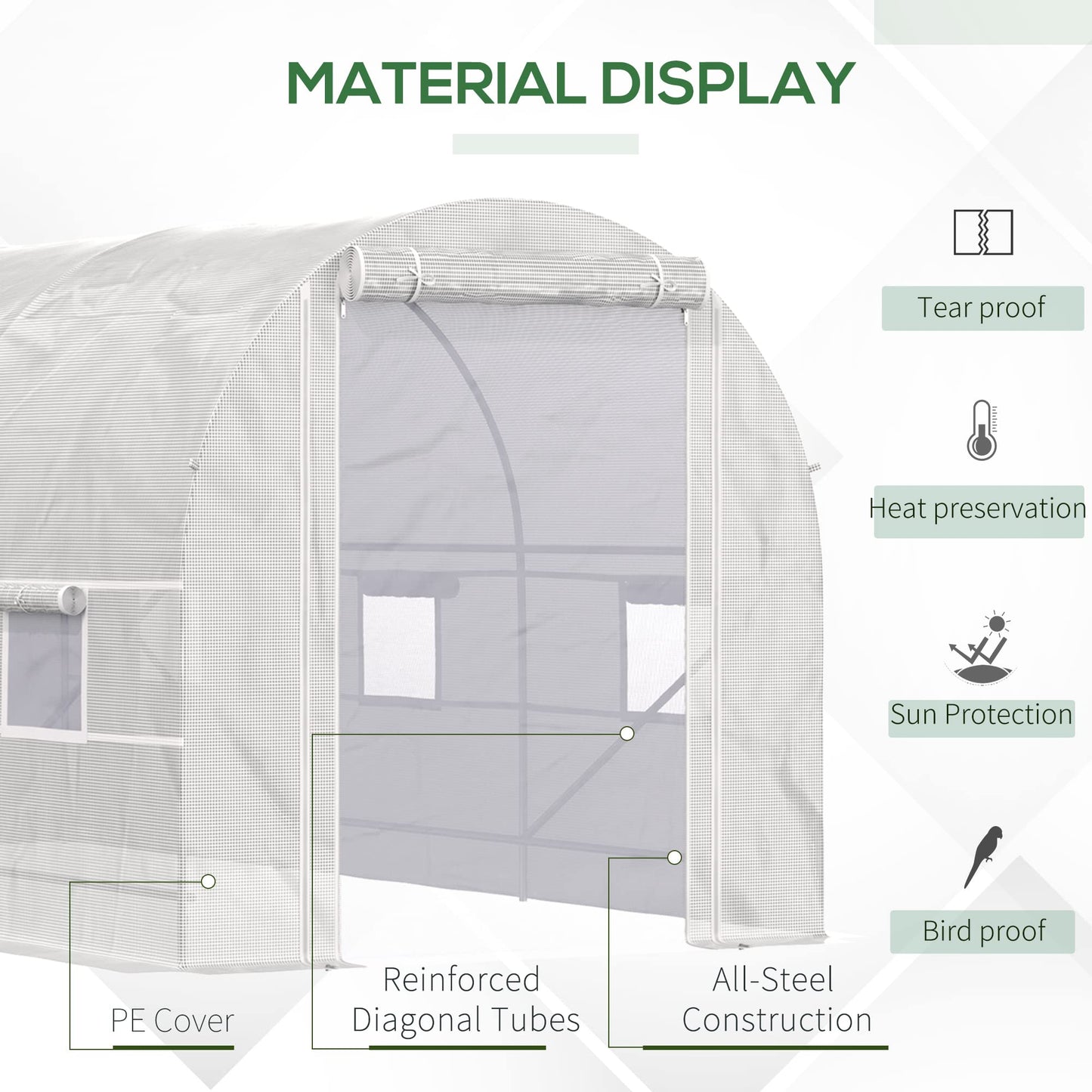 Outsunny 14.6' x 6.6' x 6.6' Walk-in Tunnel Greenhouse, Large Garden Hot House Kit with 6 Roll-up Windows & Roll Up Door, Steel Frame, White