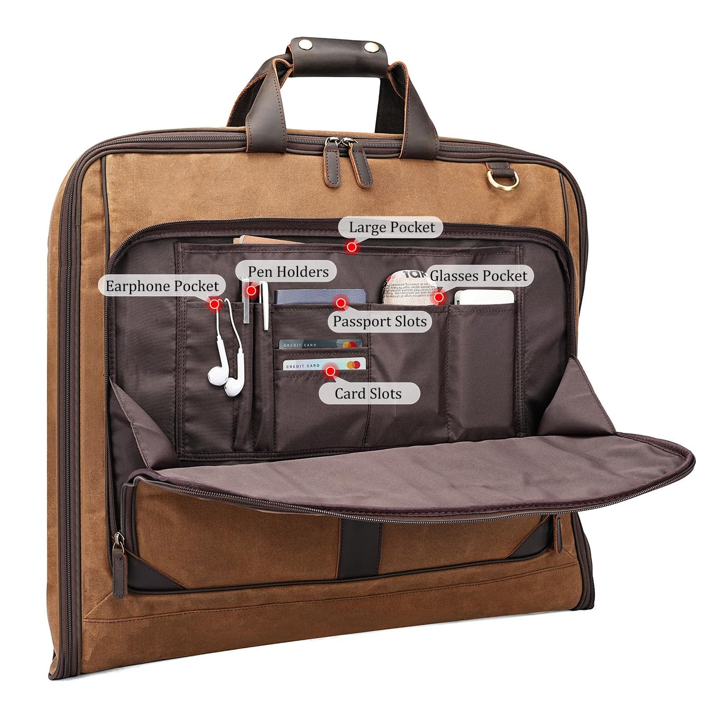 Polare Waxed Canvas Full Grain Leather Trim Garment Carry on Bag for Business Travel, Waterproof Hanging Suit Luggage Bag Wrinkle-Free Suit Cover with YKK Zipper and Shoulder Strap