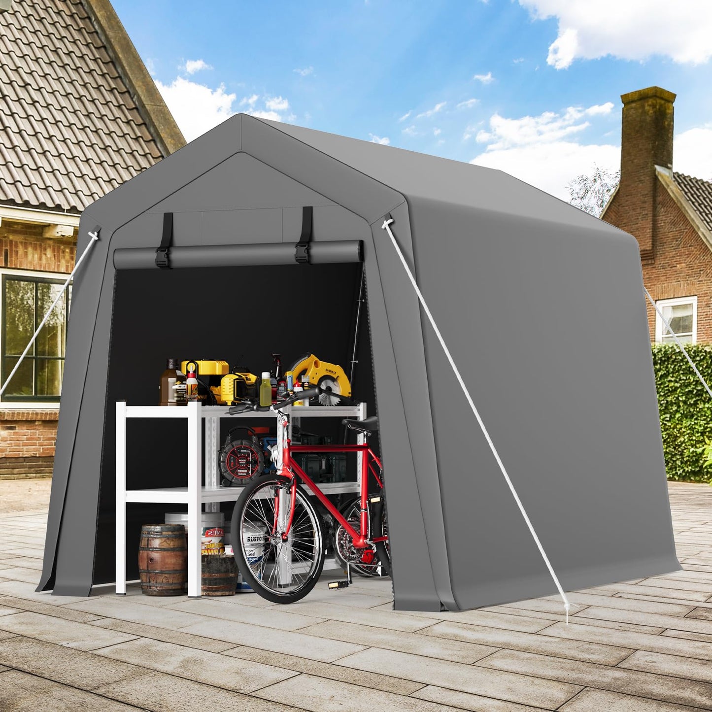 6x8 FT Portable Carport Storage Shed Tent – Heavy Duty Waterproof & UV-Resistant Motorcycle Tent with Roll-Up Zipper Doors, Steel Frame Shelter for Bike, Outdoor Tools & Equipment, Grey