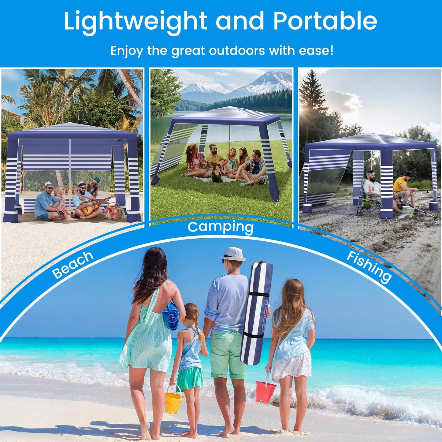 MoKo Beach Cabana, 8'×8' Large Beach Canopy with Side Wall, UPF 50+ Protection Easy Setup Beach Tent Sun Shelter, Adjustable Height Wind Resistant Cabana Beach Tent for Whole Family, Navy Stripes