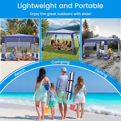 MoKo Beach Cabana, 8'×8' Large Beach Canopy with Side Wall, UPF 50+ Protection Easy Setup Beach Tent Sun Shelter, Adjustable Height Wind Resistant Cabana Beach Tent for Whole Family, Navy Stripes