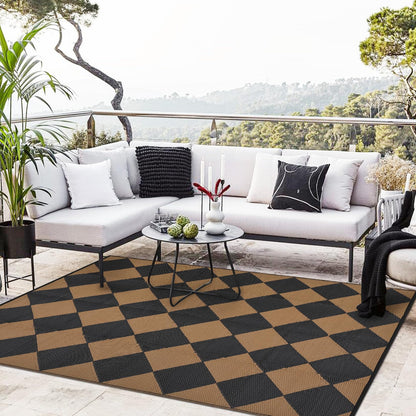 GarveeHome Outdoor Rug 9x18 ft Waterproof Mat Reversible Outdoor Plastic Straw Rug Patio Rug Camping Rug Portable Outdoor Mat for RV Porch Balcony Backyard Picnic Beach Black/Brown Diamond