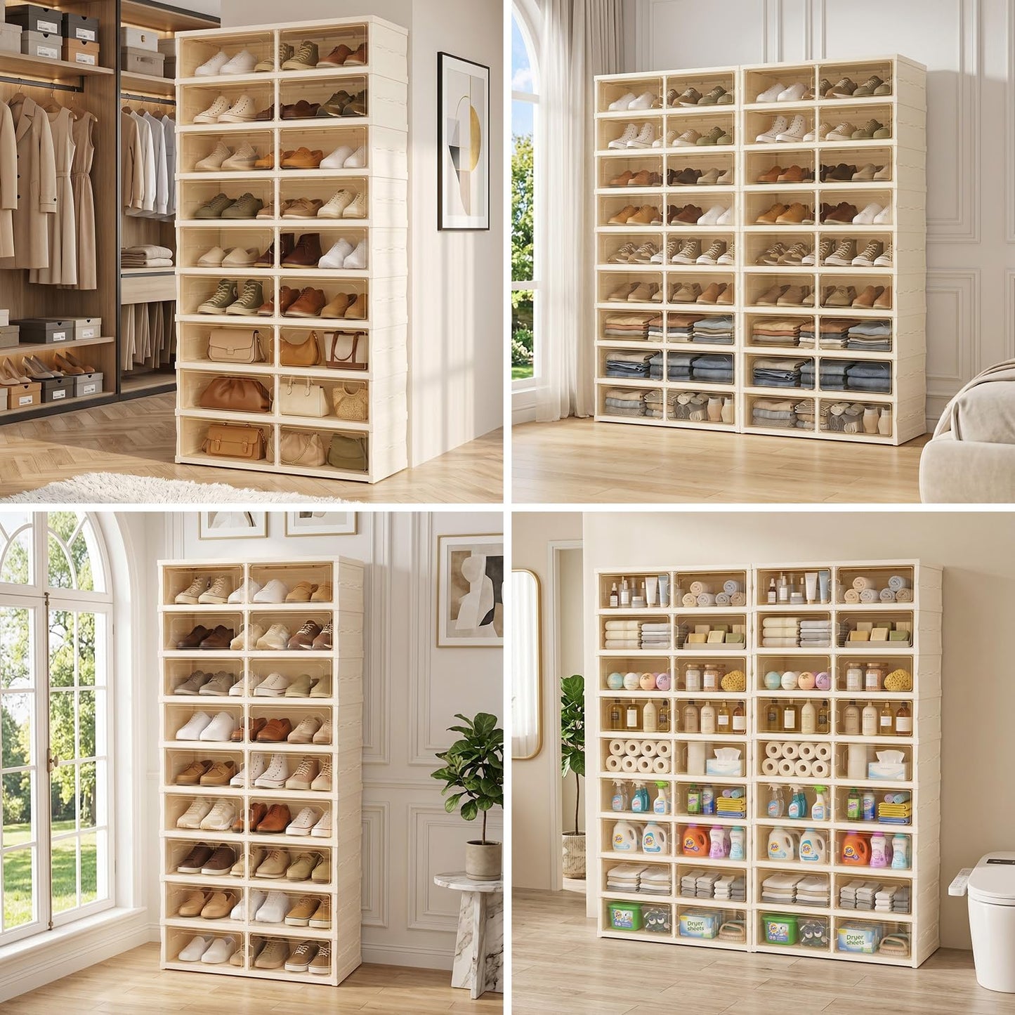 Tykacna Foldable Shoe Rack with Doors, Stackable Plastic Shoe Organizer, Large Clear Shoe Storage Boxes for Closet and Entryway, Portable Collapsible Shoe Cabinet 9 Tiers, 27Pairs