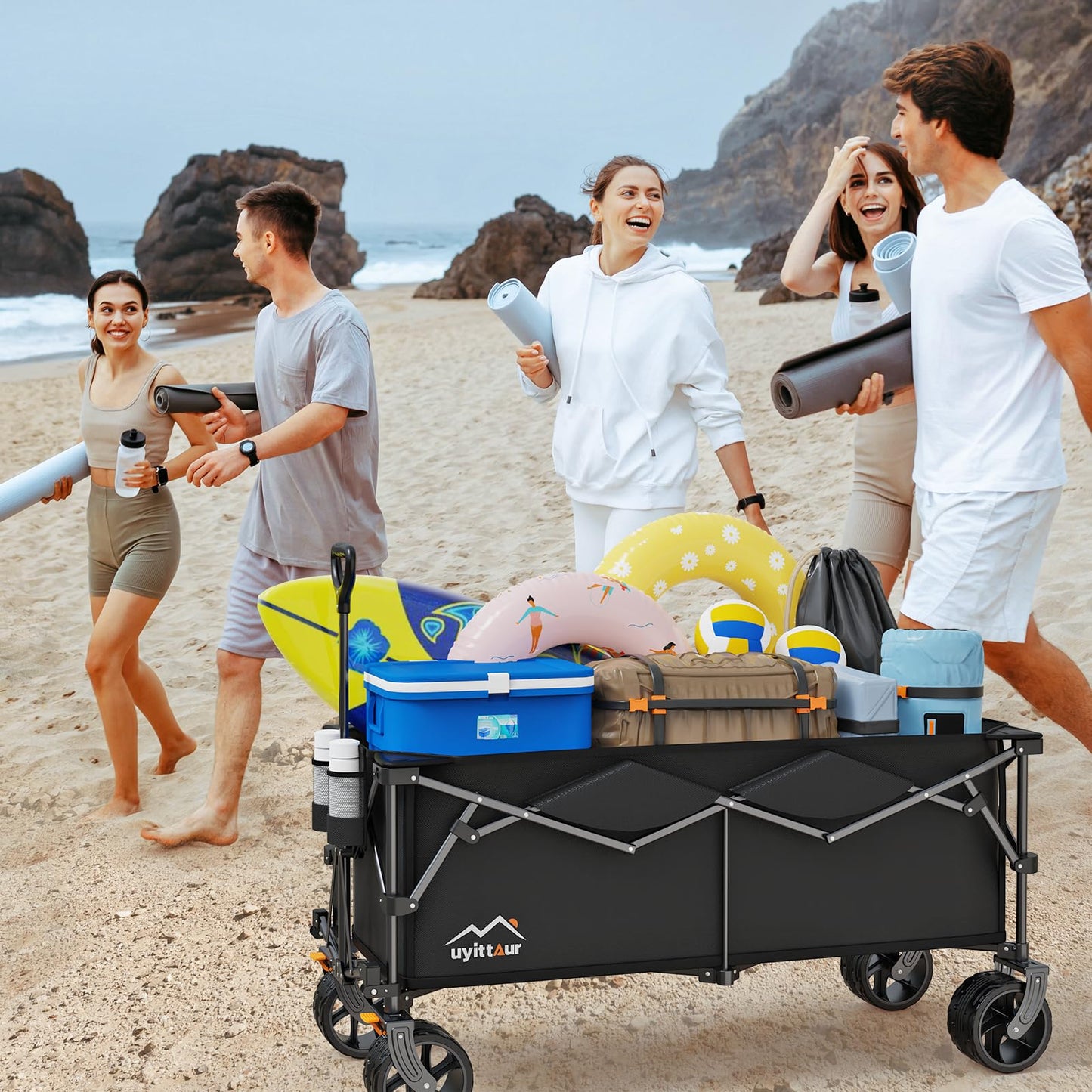 Uyittour 300L Extra Large Collapsible Foldable Wagon, 440lbs Load Capacity 48''L Extended Heavy Duty Folding Beach Wagon with Big All-Terrain Wheels, Utility Garden Cart for Outdoor Activities, Black