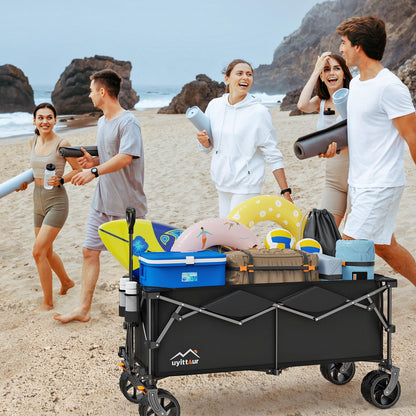 Uyittour 300L Extra Large Collapsible Foldable Wagon, 440lbs Load Capacity 48''L Extended Heavy Duty Folding Beach Wagon with Big All-Terrain Wheels, Utility Garden Cart for Outdoor Activities, Black