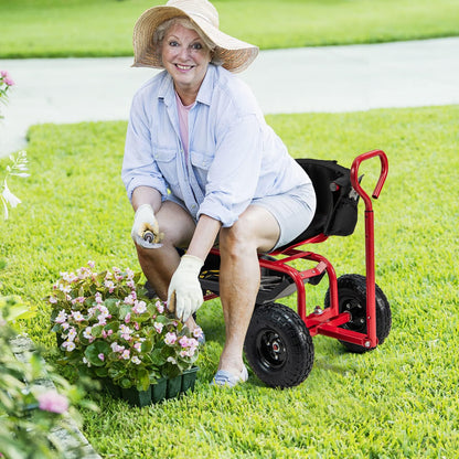 ERGOMASTER Rolling Garden Seat with Wheels, Adjustable 360° Swivel Workseat and Storage Basket, Extendable Handle, Outdoor Gardening Wagon Scooter, Red