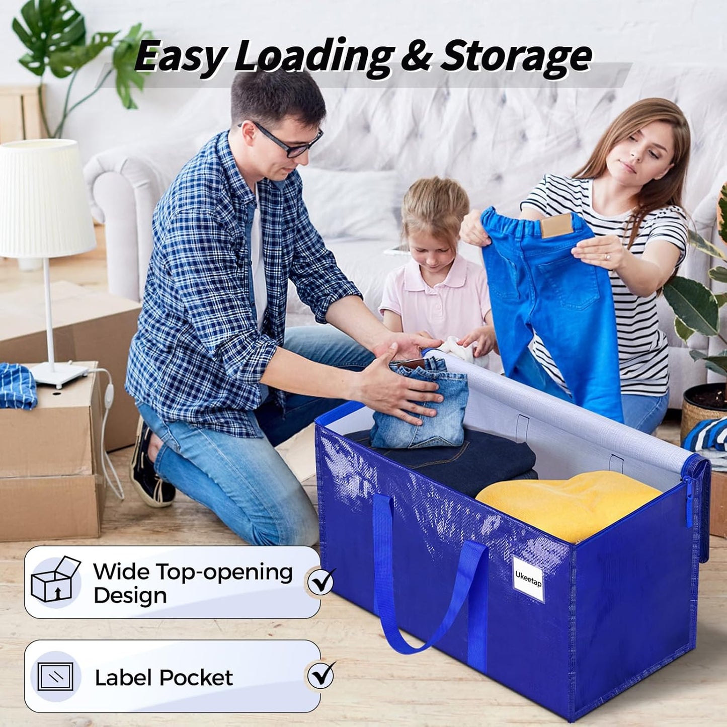 Skiennix Extra Large Heavy-Duty Moving Bags - 8 Pack with Reinforced Handles & Zippers | Blue Storage Totes for Clothes & Dorm Supplies