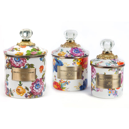 MACKENZIE-CHILDS Enamel Canister Set, Mini (14 oz.), Demi (24 oz.), and Small (38 oz.) Kitchen Containers, White Flower Market