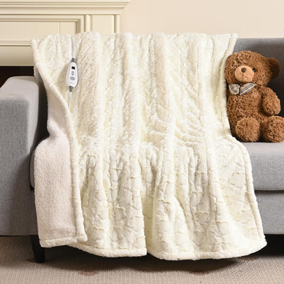 Bearhug Electric Blanket King Size 100" x 90", Dual Controller Heated Blanket, White Flower Patterns Faux Fur & Warm Sherpa, 10-Heat Levels & 1-12H Auto Off,ETL, Machine Washable