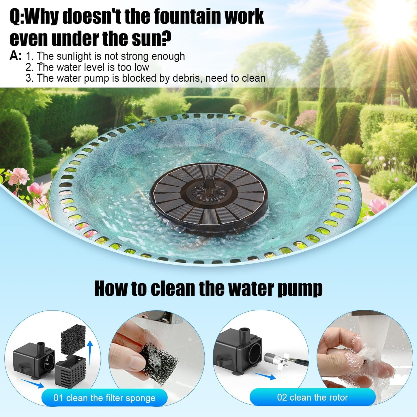 SZMP Solar Fountain - Efficient Outdoor Bird Bath Fountain with 2000mAh Battery | Black Panel