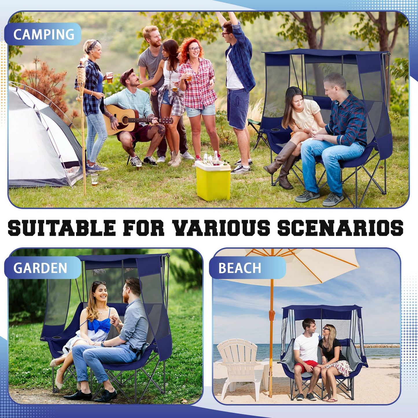 Teenyyou Double Camping Chair with Canopy - 2 Person Beach Chair with UV Sun Protection 660lbs Heavy Duty Foldable Loveseat with 2 Cup Holder & Storage Bag for Lawn Beach Outdoor Sport(Blue and Grey)