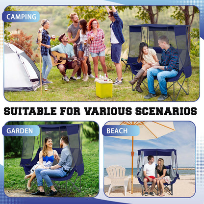 Teenyyou Double Camping Chair with Canopy - 2 Person Beach Chair with UV Sun Protection 660lbs Heavy Duty Foldable Loveseat with 2 Cup Holder & Storage Bag for Lawn Beach Outdoor Sport(Blue and Grey)