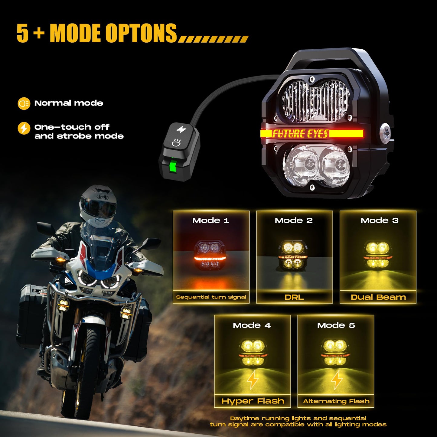 Future Eyes 120W LED Motorcycle Lights, High & Low Beam, Amber Fog Light, Waterproof Off-Road Auxiliary Headlight for Night Riding, ATV, UTV, and Motorcycle Fog & Driving Lights