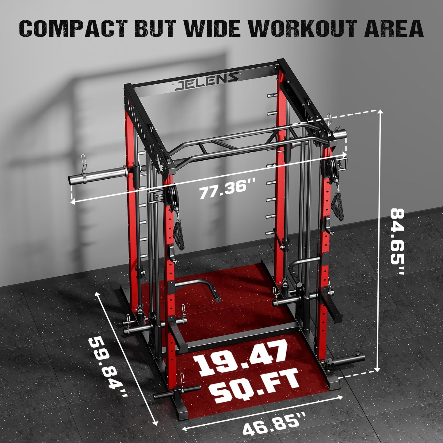 JELENS M21 Smith Machine, Multi-Function Power Cage with Dual Pulley Cable Crossover System, 2000LBS All-in-One Squat Rack with Smith Bar and Attachments (Red, M21 Smith Machine)