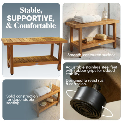AquaTeak The Original 36" Spa Teak Shower Bench - Shower Stool with Storage Shelf for Bathroom - Durable Water Resistant Shower Chair - Shaving Foot Rest - Indoor & Outdoor Use