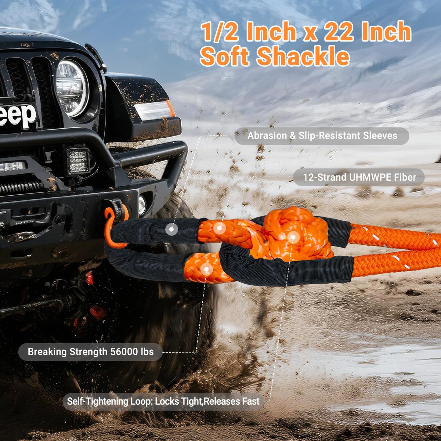 Kinetic Recovery Tow Rope Kit - 1" x 30ft 55000LBS Tow Strap with 2 Soft Shackles, Heavy Duty Kinetic Recovery Rope for Off-Road Vehicle, Jeep, Truck, SUV, UTV, ATV - Orange