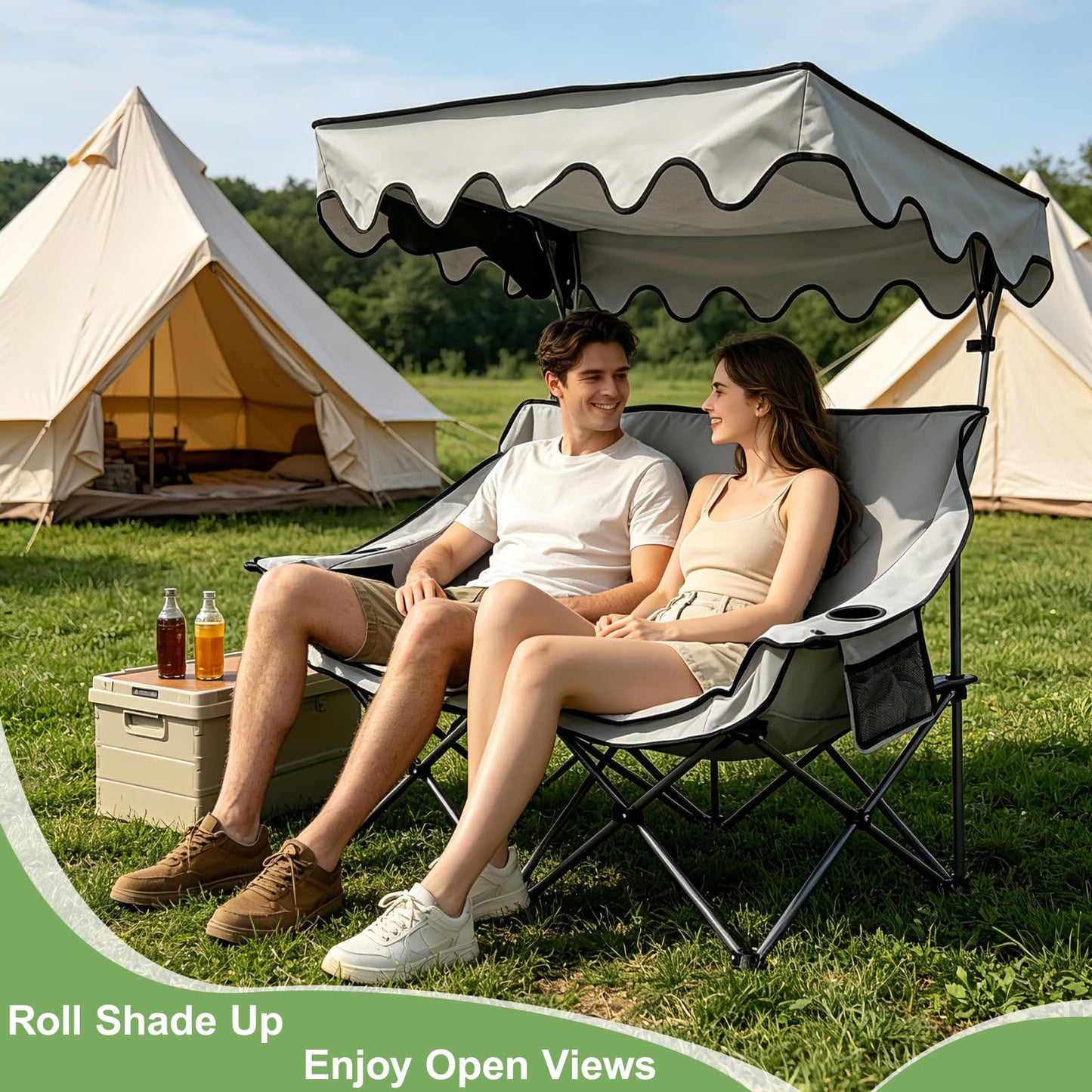 Double Camping Chair with Canopy Shade, Portable Beach Chair with 2 Cup Holders and Bags, Folding Heavy Duty Oversized Double Chairs with Side and Back Pockets, Outdoor Loveseat Chairs for Patio, Lawn