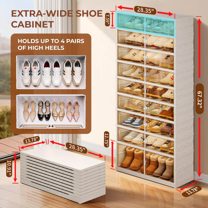 EHAMILY Foldable Shoe Rack Organizer 9-Tier, 27 Pairs Collapsible Shoe Storage Cabinet with Doors, Clear Plastic Stackable Shoe Organizer for Closet, with Boots Space, Easy Tool-Free Assembly, White
