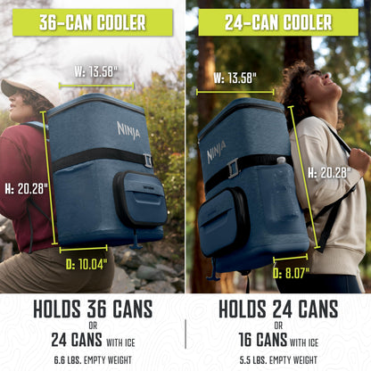 Ninja Backpack Cooler | FrostVault Go 24 Can Soft Cooler | Leakproof Zipper with Built in Can Opener, 2 Ice Packs & Dry Storage Drawer | for Hiking, Camping & More | Luminous Blue | FF124CY