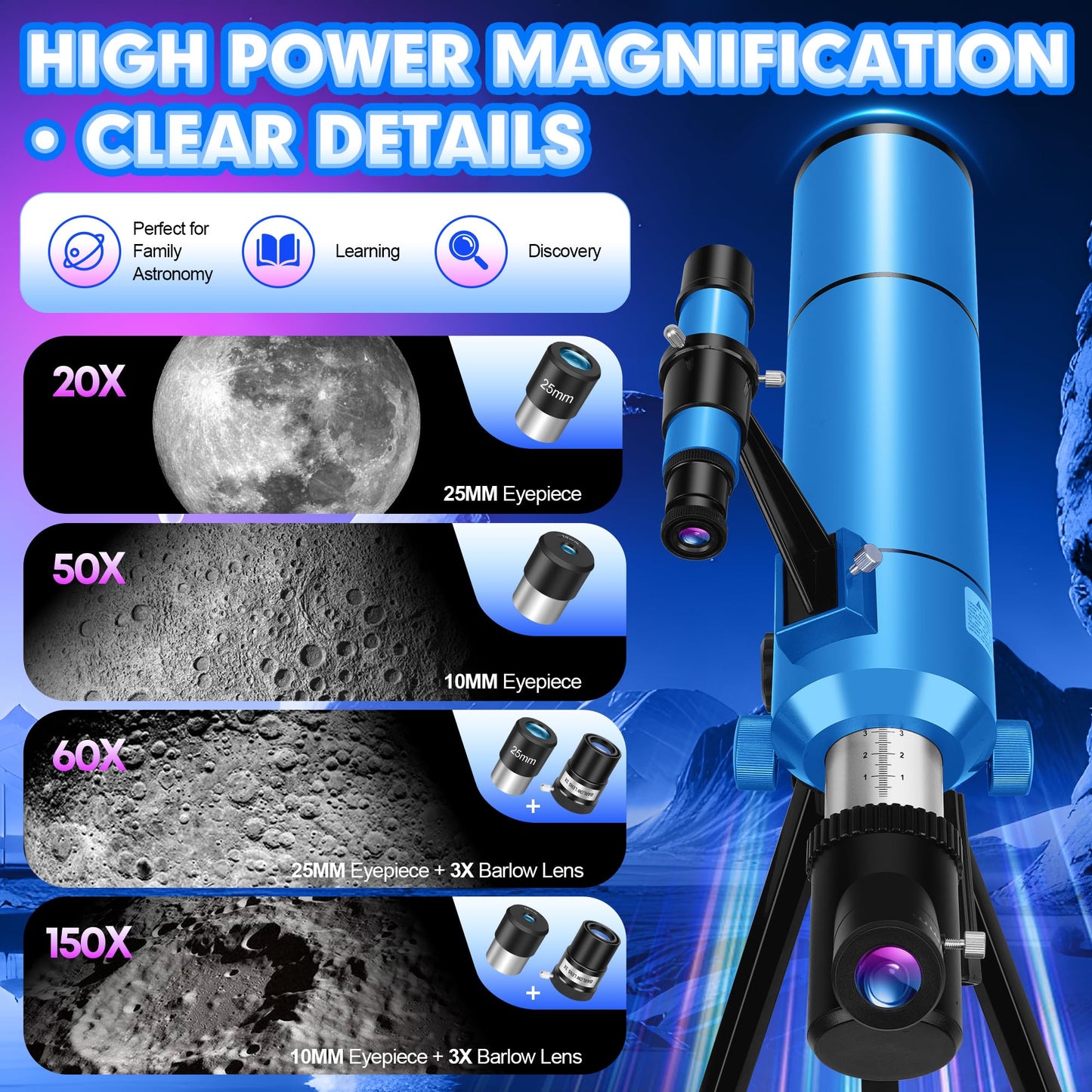 HUGERSTAR Telescope for Adults & Kids, 80mm Aperture 500mm (20X-150X) Professional Refractor Telescope for Astronomy Beginners, Portable Travel Telescopes with Tripod Phone Adapter, Stickers, Backpack