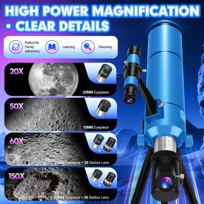 HUGERSTAR Telescope for Adults & Kids, 80mm Aperture 500mm (20X-150X) Professional Refractor Telescope for Astronomy Beginners, Portable Travel Telescopes with Tripod Phone Adapter, Stickers, Backpack