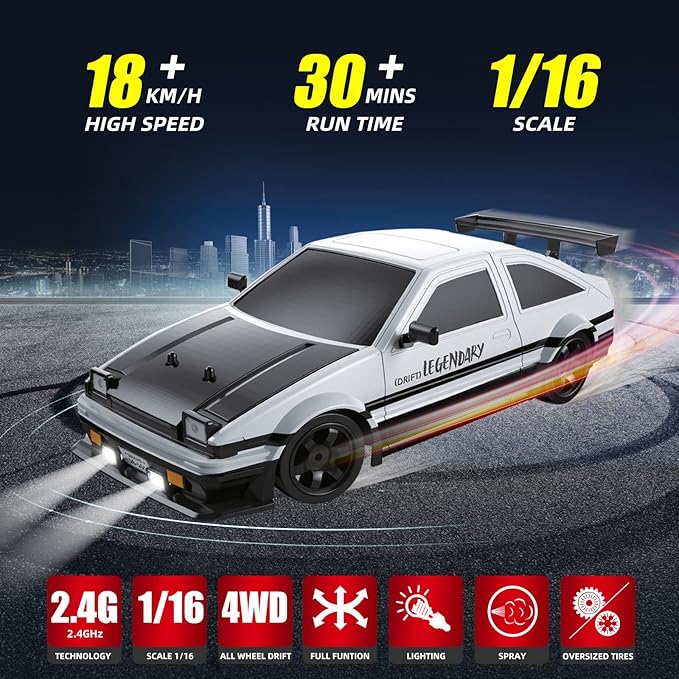 RC Drift Car 2.4GHz 1:16 Scale 4WD High Speed Remote Control Cars Vehicle with LED Lights Two Batteries and Drifting Tires Racing Sport Toy Cars for Adults Boys Girls Kids