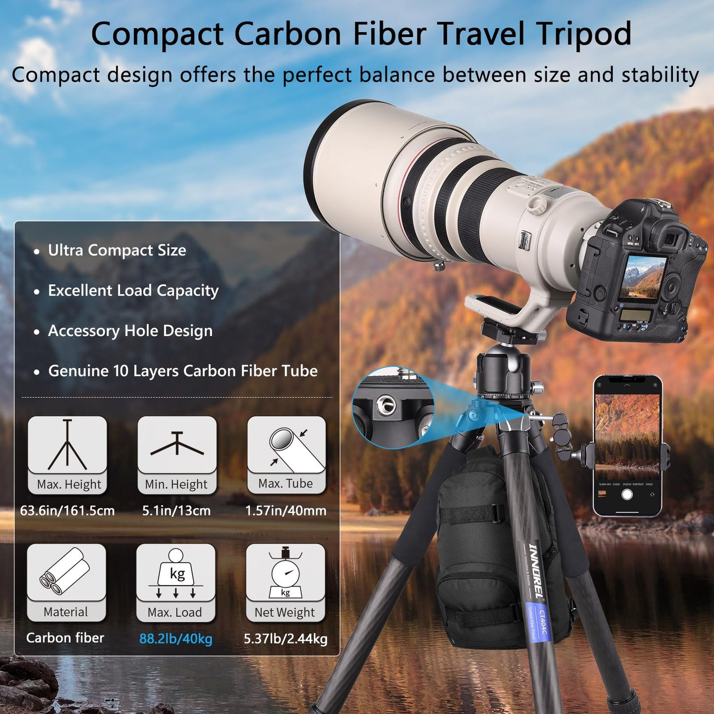 Compact Carbon Fiber Tripod – Heavy Duty 40mm Leg Tubes, Max Height 63.6in/162cm, Stable and Lightweight Travel Stand for DSLR, Video Cameras, Max Load 40kg, Portable for Photography Video Shooting